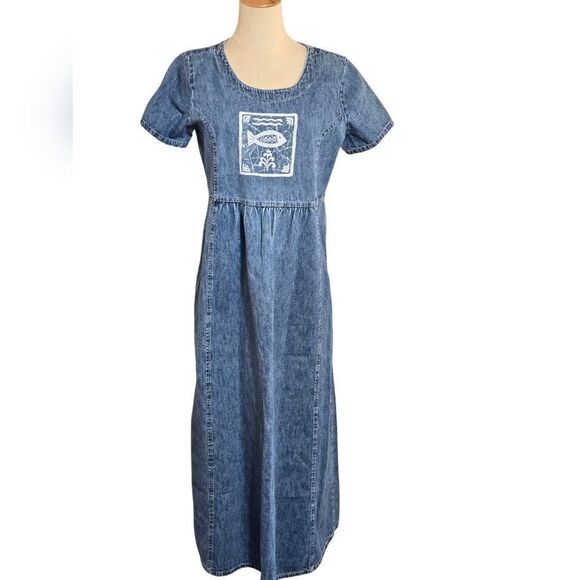 Studio East Vintage Blue Denim Graphic Maxi Dress - Picture 1 of 6